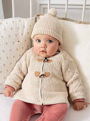 Woven cardigan with hat set - White