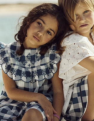 checked cotton blouse with zippy ruffles - Blue