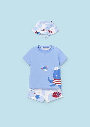 Mayoral swimsuit set with T-shirt & hat - Light blue