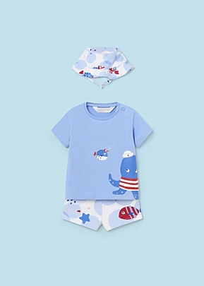 Item: Mayoral swimsuit set with T-shirt & hat - Light blue Mayoral swimsuit set with T-shirt & hat - Light blue